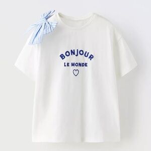 Zara White and Blue Short Sleeve Tee